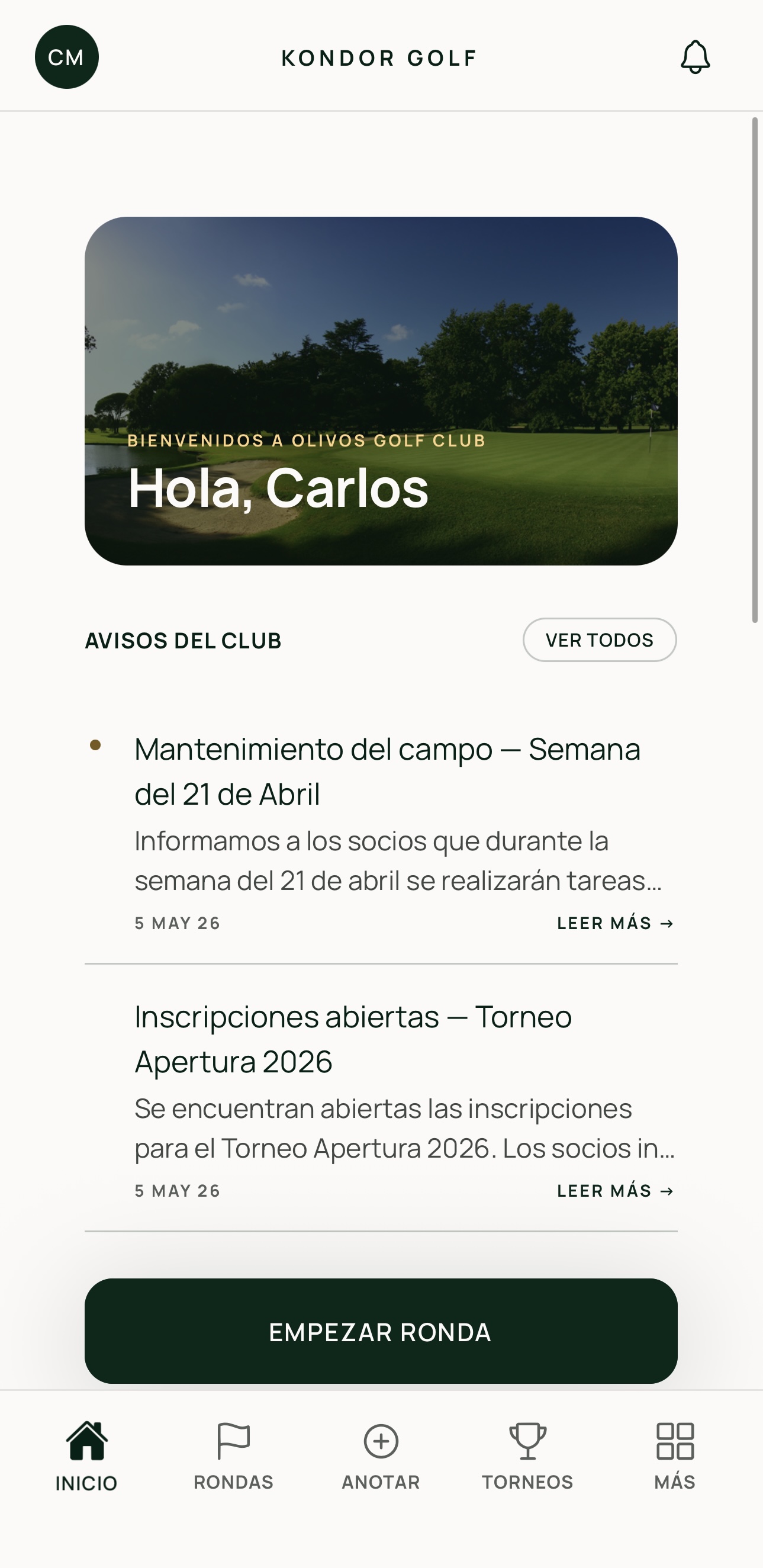 Dashboard de Kondor en el celular
